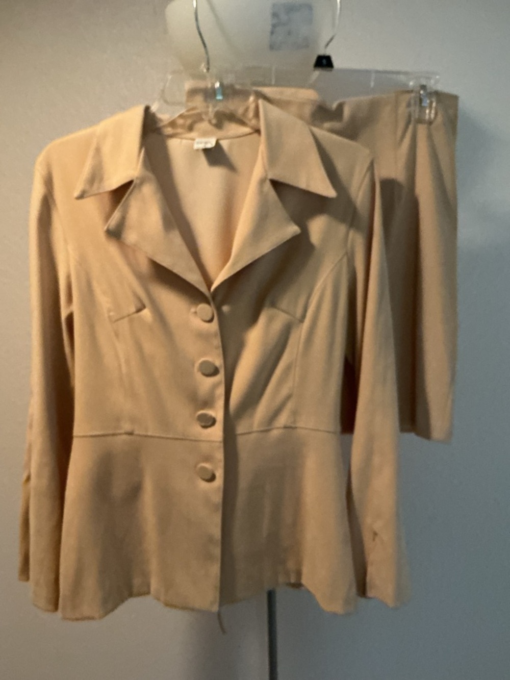 Classic Women's Beige 2 pc Button-Front suit in brushed suede.